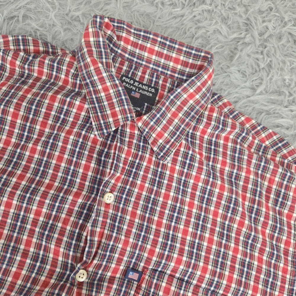 Polo Jeans Co Ralph Lauren Mens Small Red Plaid‎ Short Sleeve Button Front Shirt